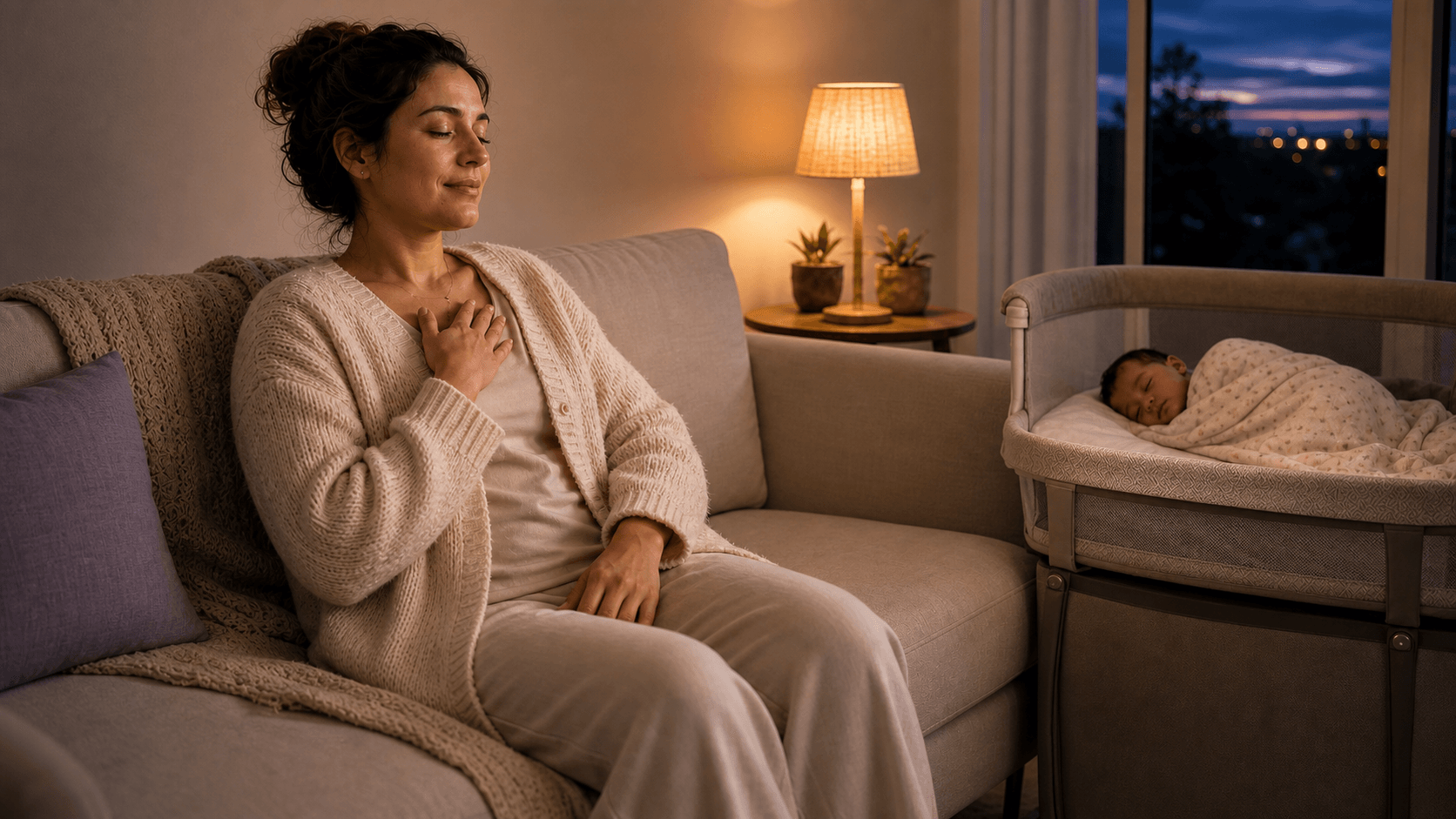 Mãe a fazer uma pausa tranquila enquanto o bebé dorme perto