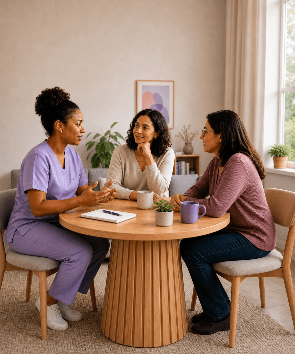 Profissional de saúde e duas mulheres numa conversa de parceria