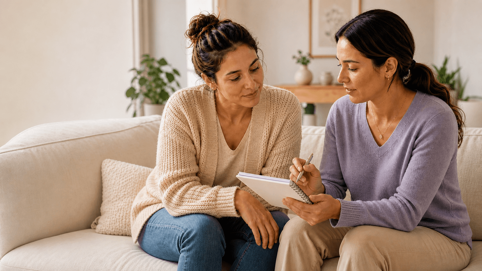 Duas mulheres a conversar e a rever informação num caderno