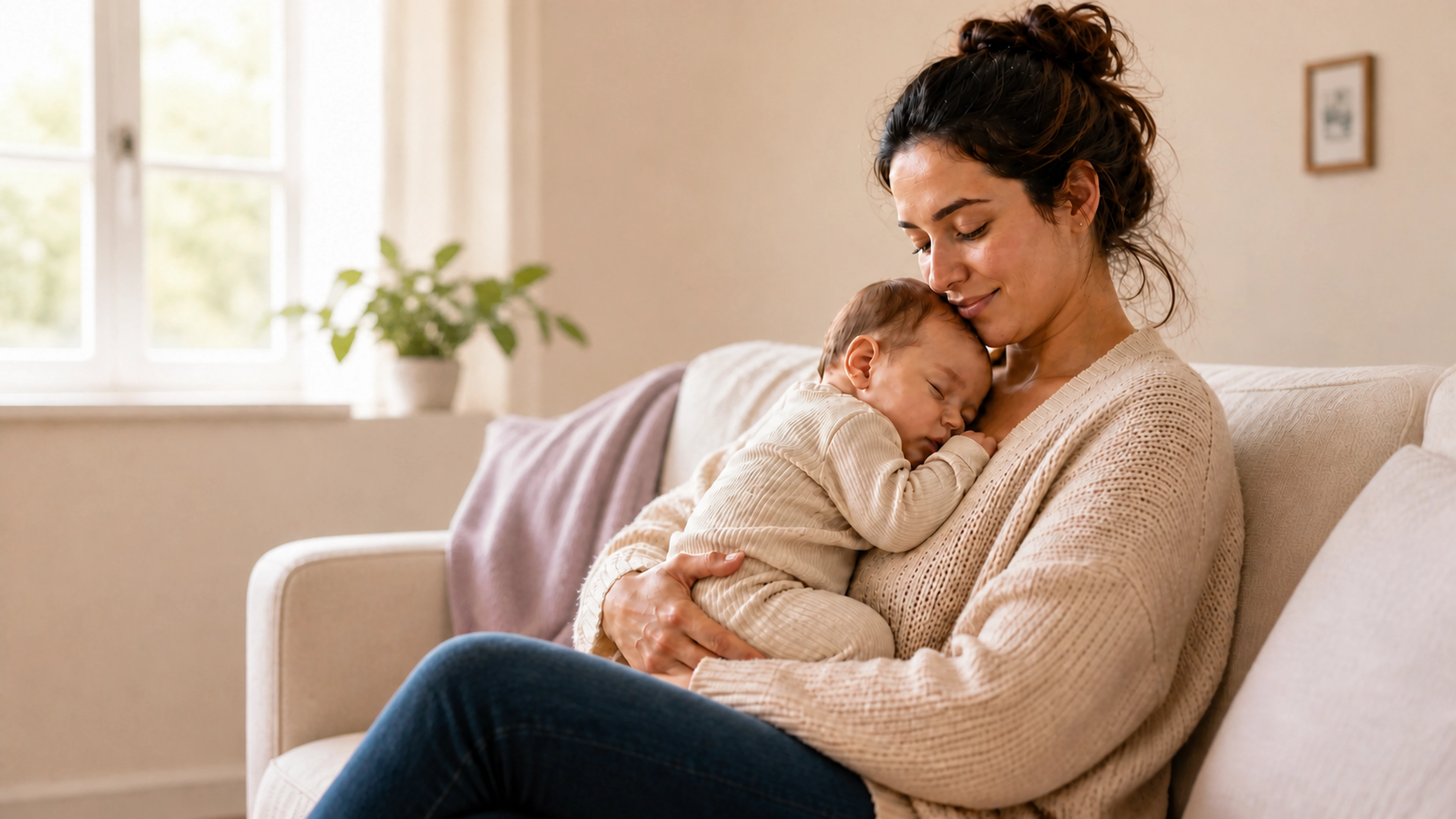 Mãe a acolher o bebé ao colo num ambiente tranquilo